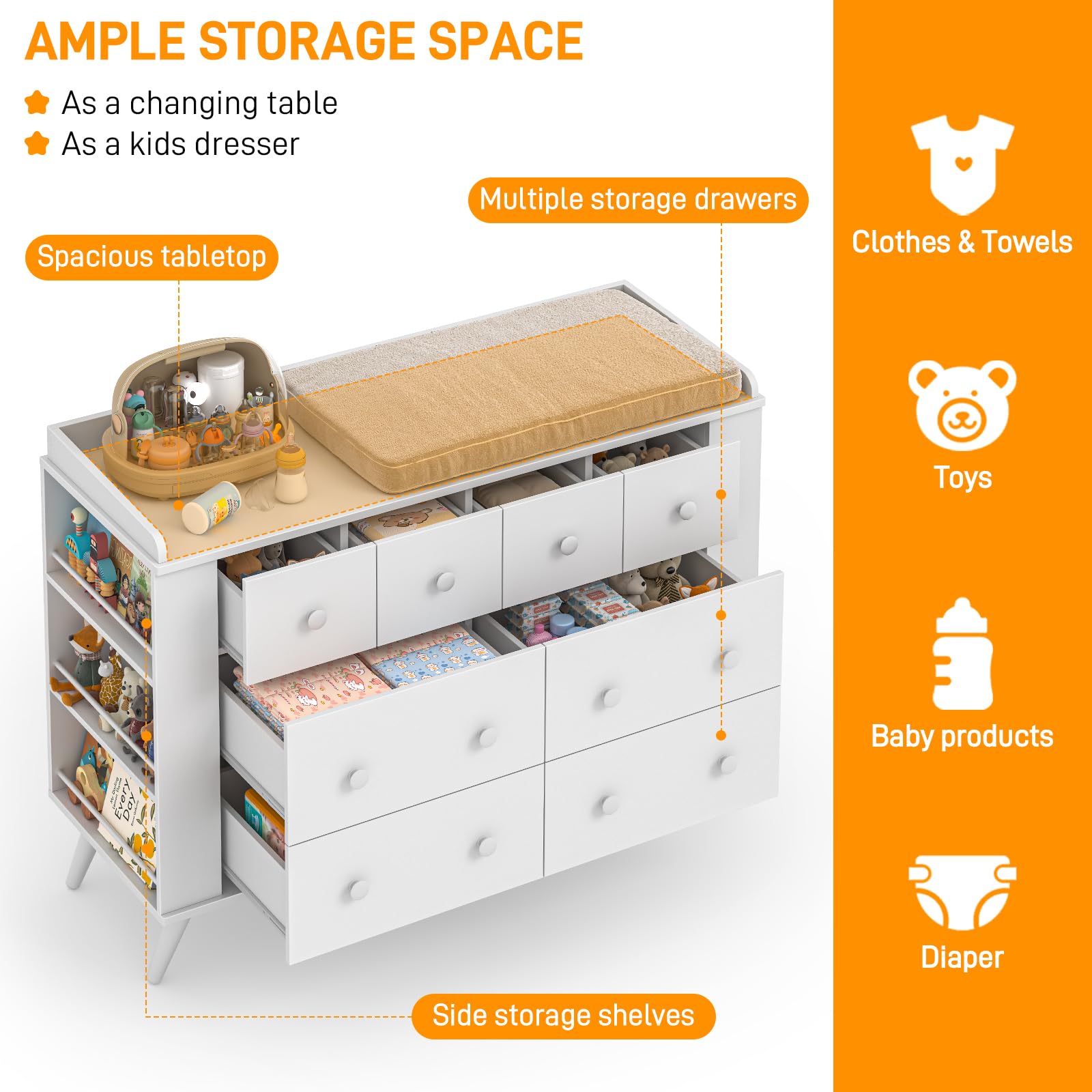 Kids Dresser with 8 Drawers, Changing Table and Open Shelving