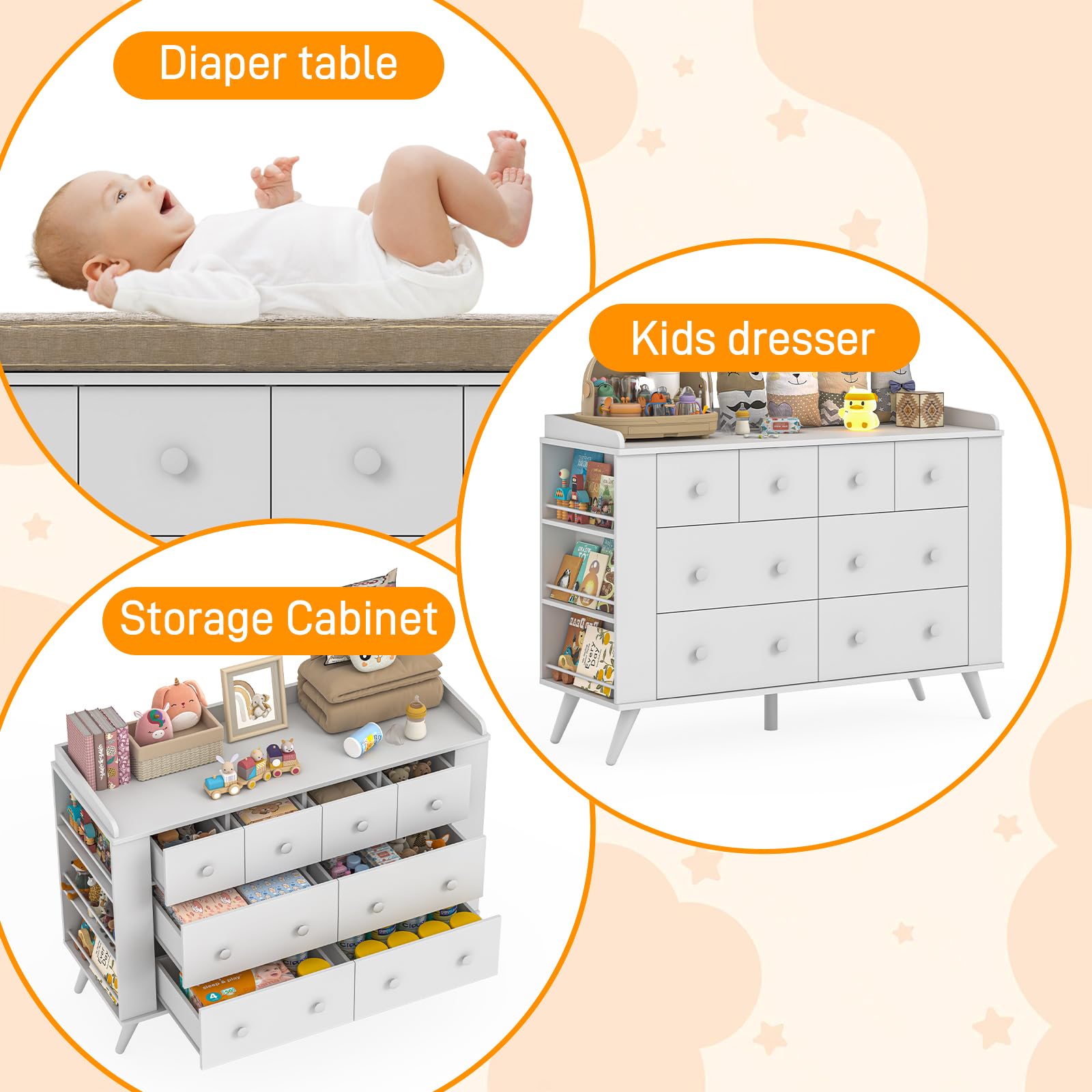 Kids Dresser with 8 Drawers, Changing Table and Open Shelving