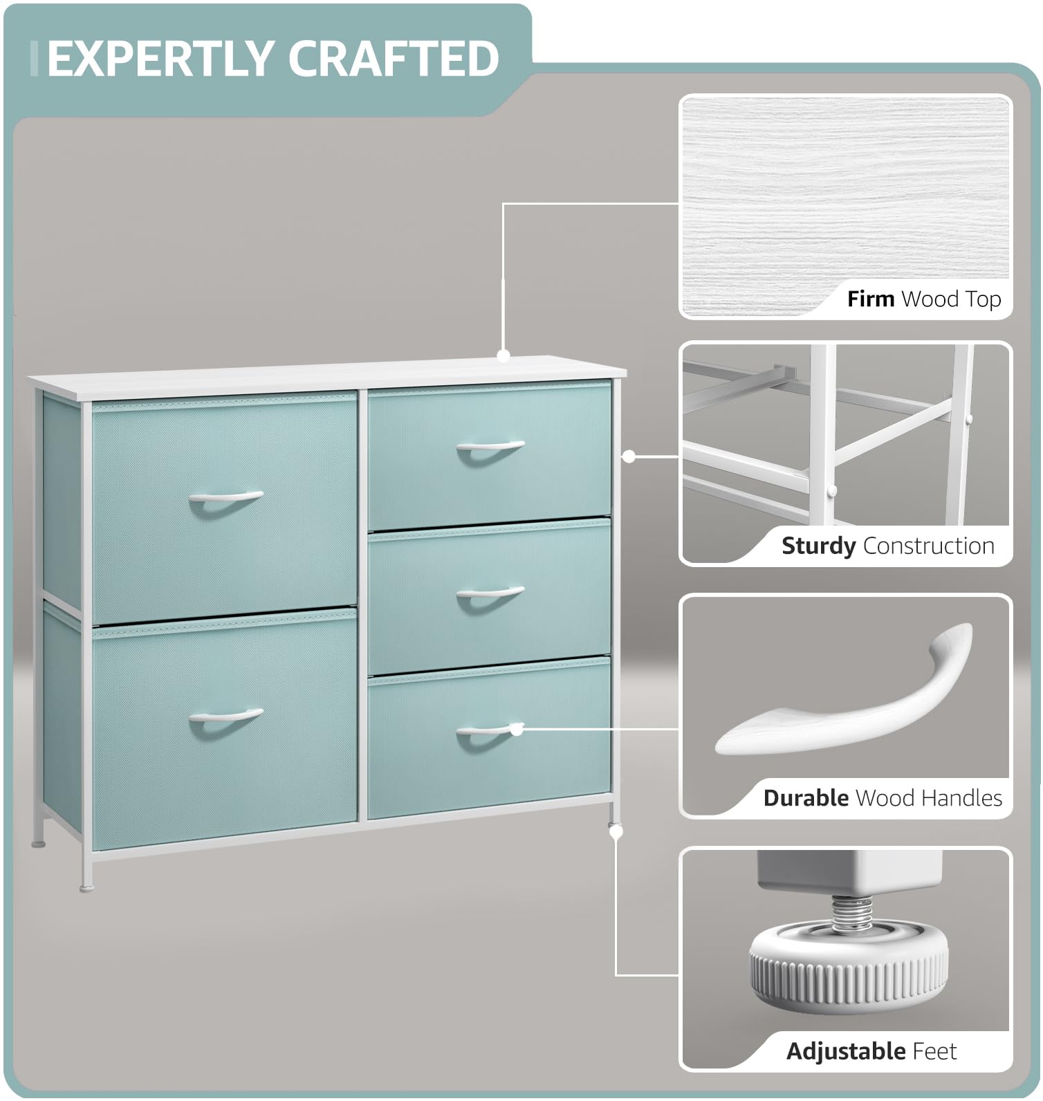 6-Drawer Storage Dresser with Wood Top and Fabric Bins