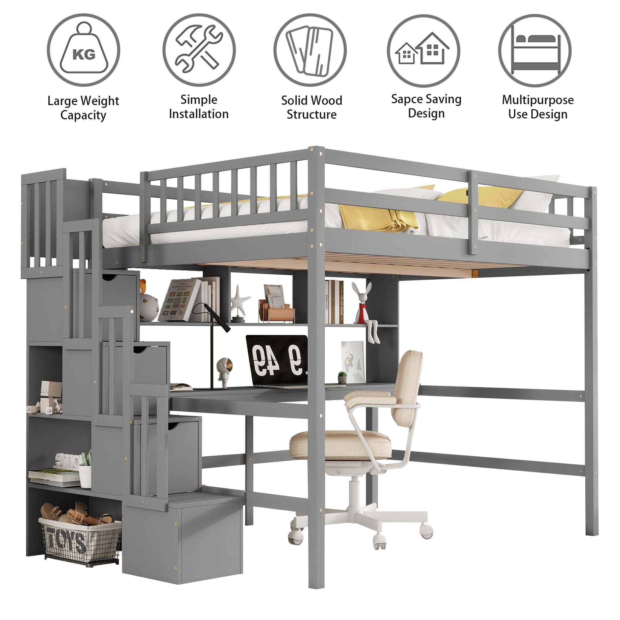 Full-Size Loft Bed with Desk, Shelves, and Storage Stairs