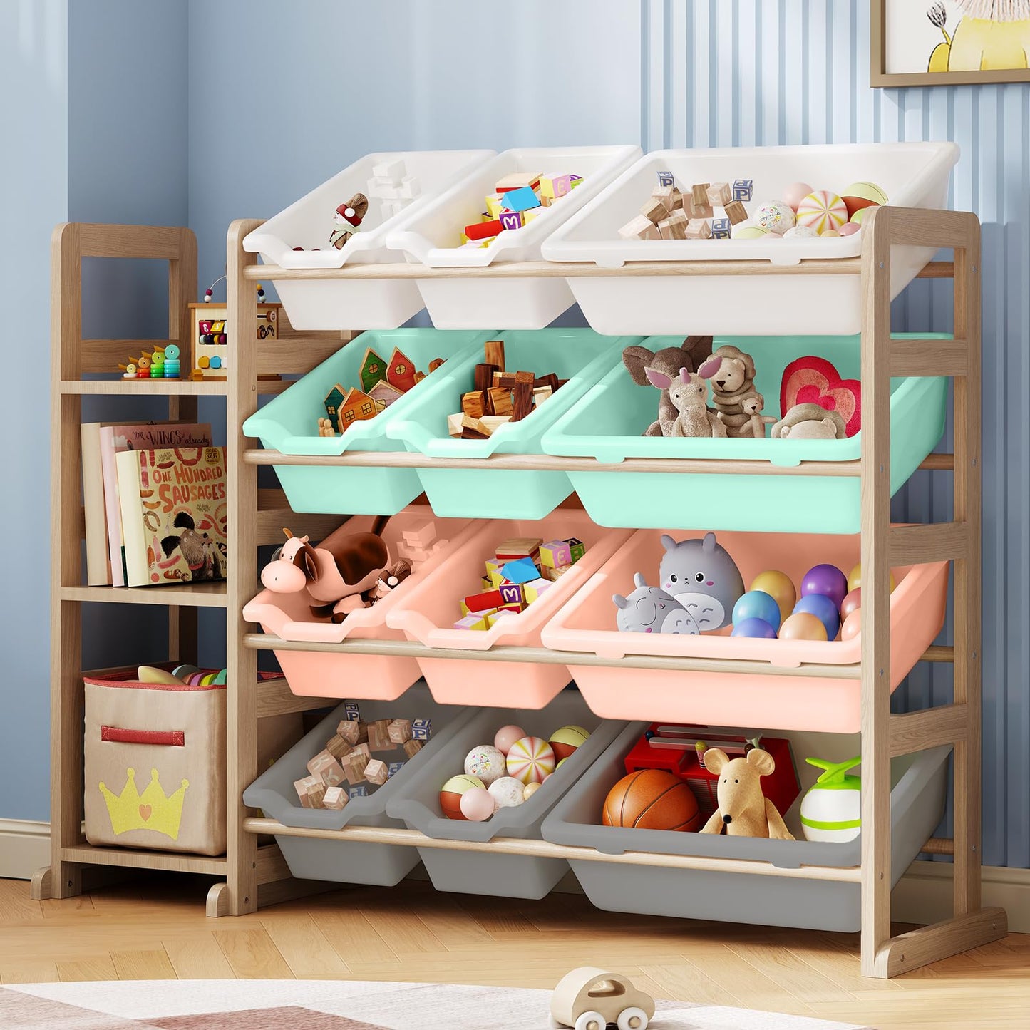 Toy Storage Shelf with 12 Bins and Bookshelf