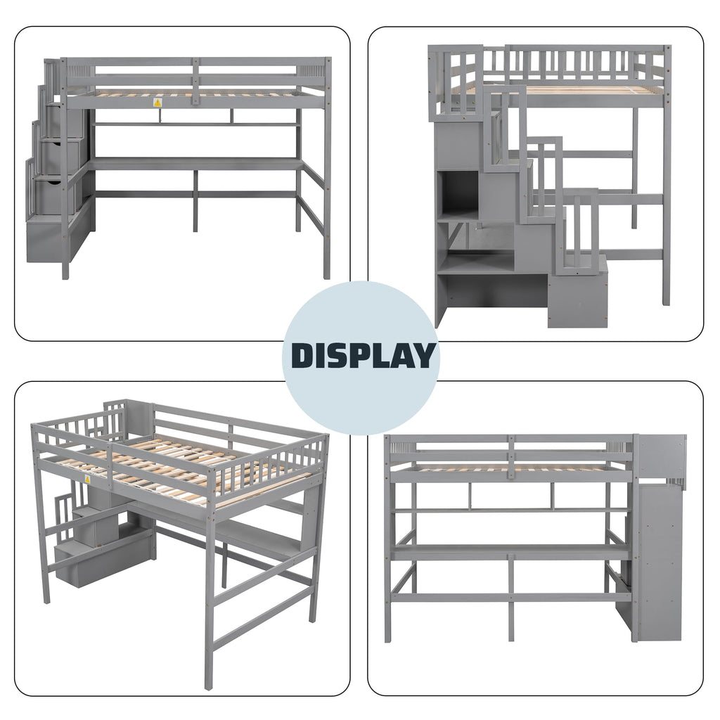 Full-Size Loft Bed with Desk, Shelves, and Storage Stairs