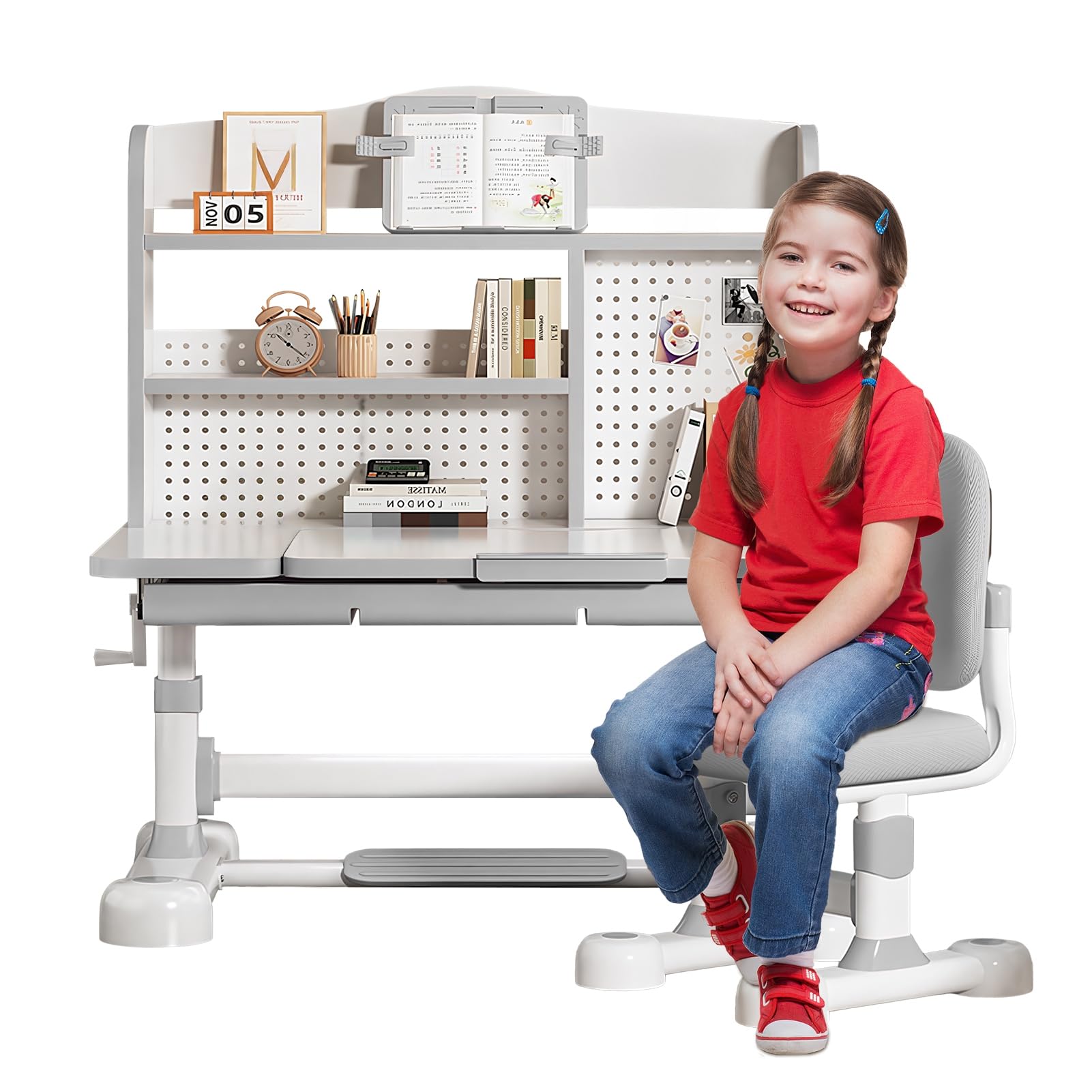 Height-Adjustable Kids Desk and Chair Set with Storage and Bookshelf