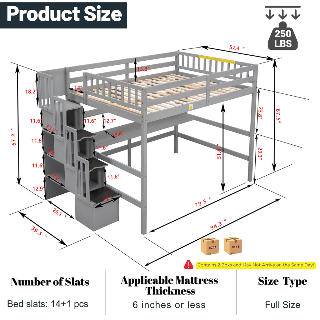 Full-Size Loft Bed with Desk, Shelves, and Storage Stairs