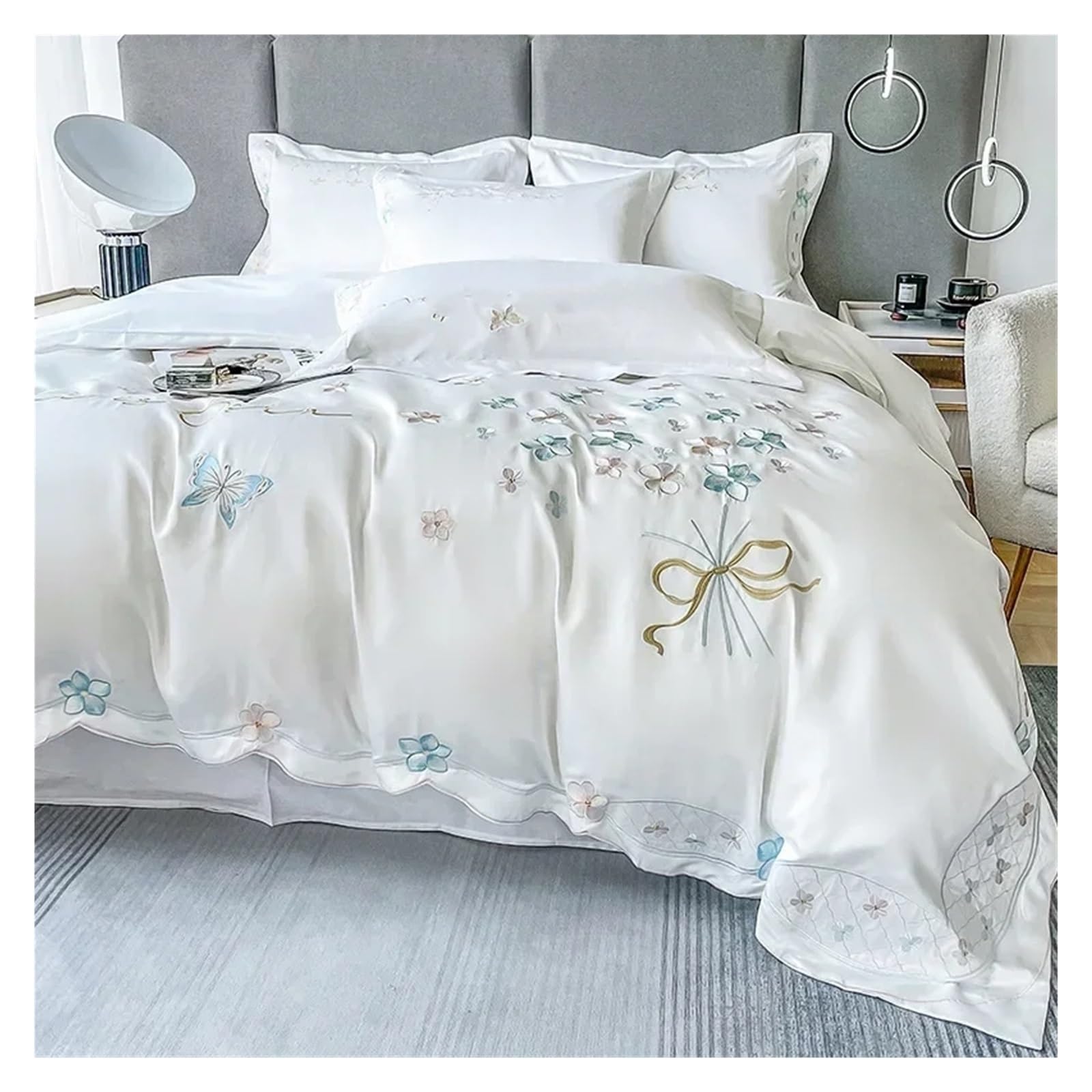 Girls Cotton Bedding Set with Heart and Butterfly Embroidery