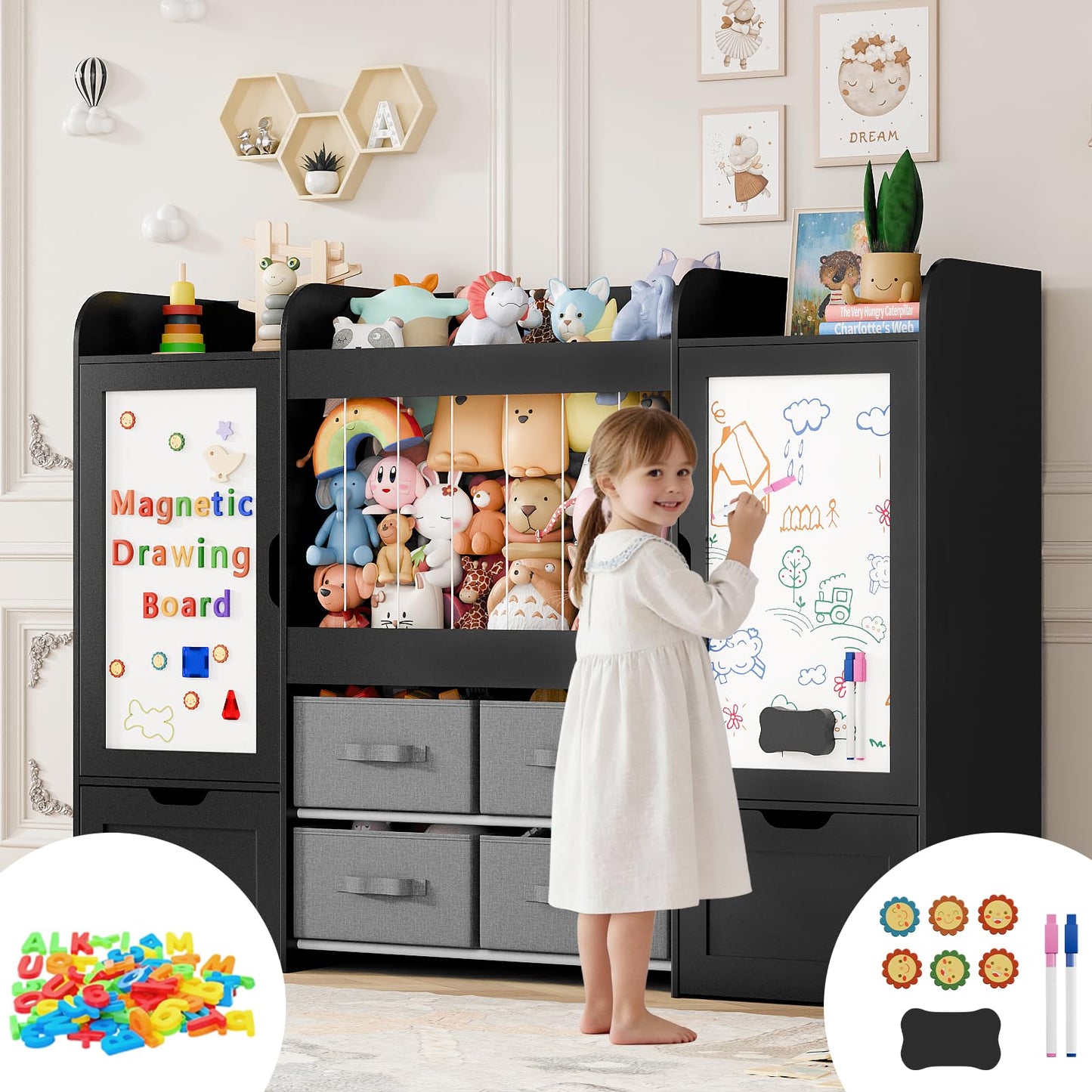 Montessori Kids Toy Storage Organizer with Bins, Toy Boxes, and Magnetic Board