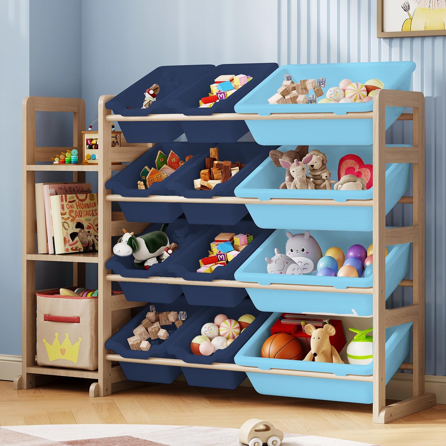 Toy Storage Shelf with 12 Bins and Bookshelf