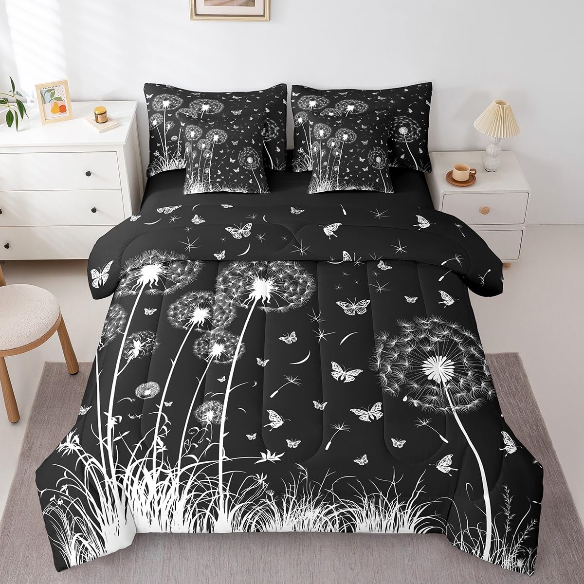 Butterfly and Dandelion Comforter Set with Floral Print Sheets