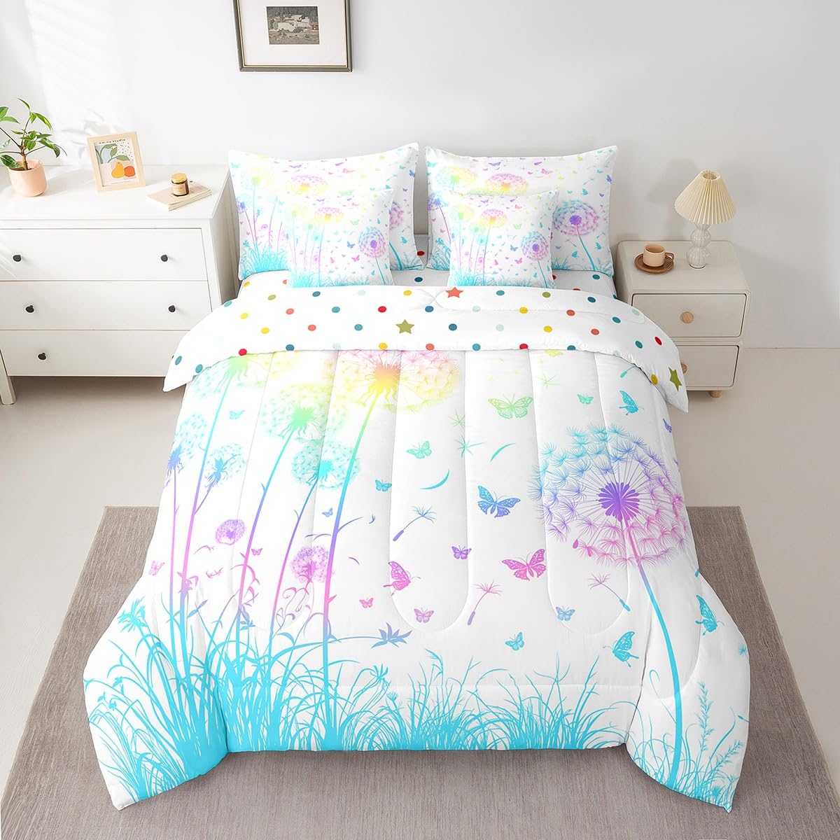Butterfly and Dandelion Comforter Set with Floral Print Sheets