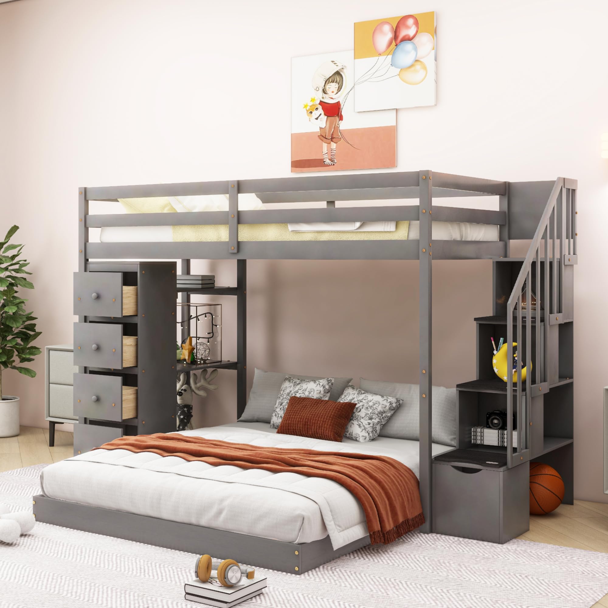 Twin Loft Bed with Storage Stairs and Solid Wood Frame