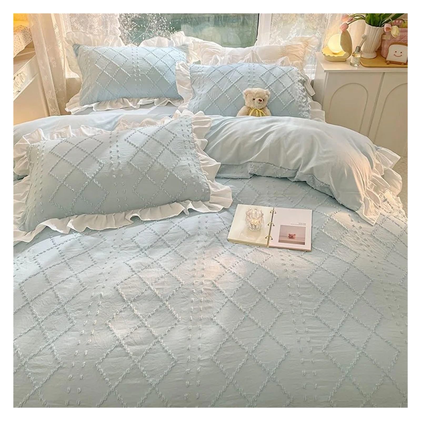 Blue Lace Bedding Set with Quilt Cover and Pillowcases