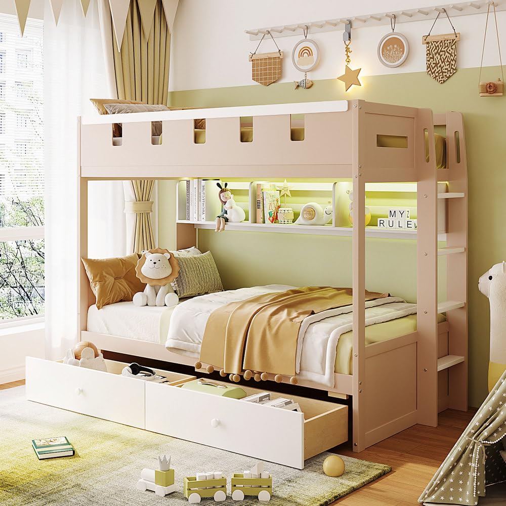 Twin Over Twin Bunk Bed with Storage Drawers, Castle Frame, LED Lights & Shelves