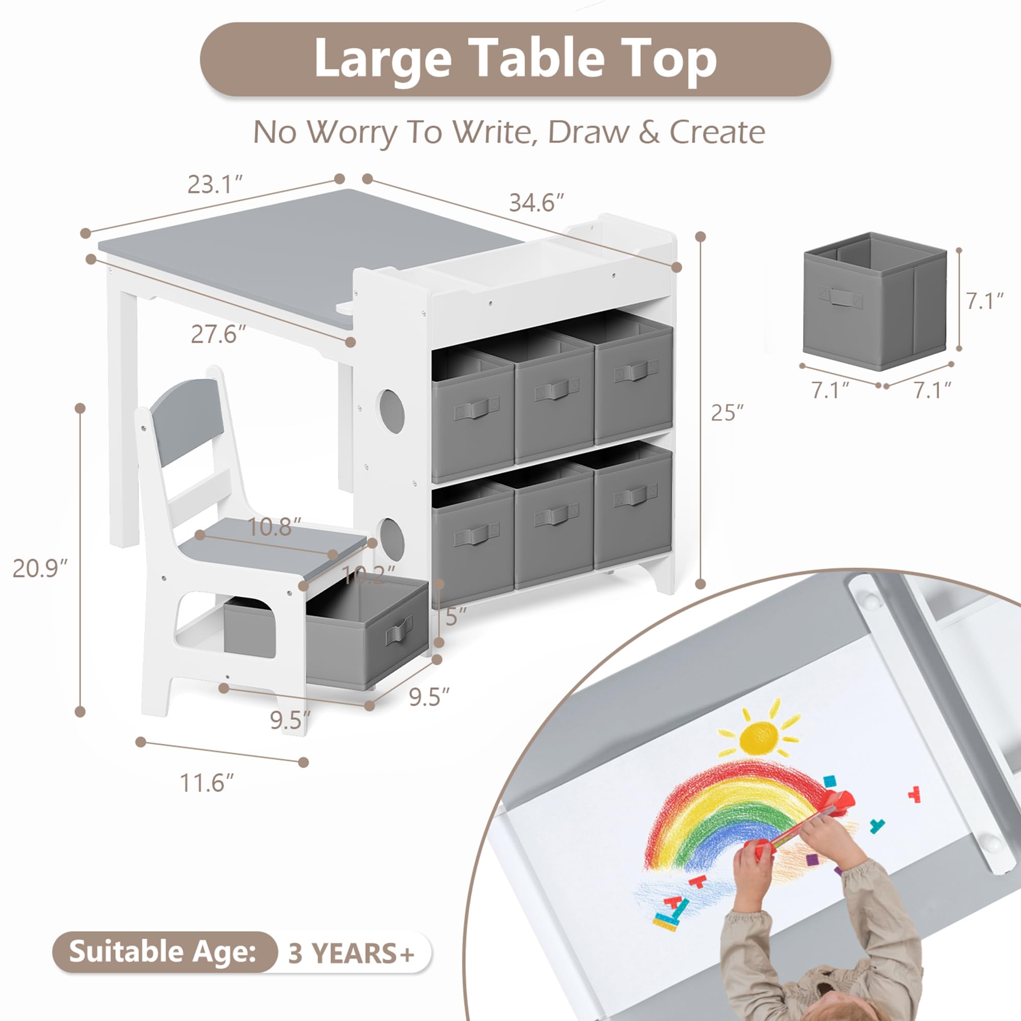 Kids Toddler Table and Chair Set with Storage Bins and Paper Roll