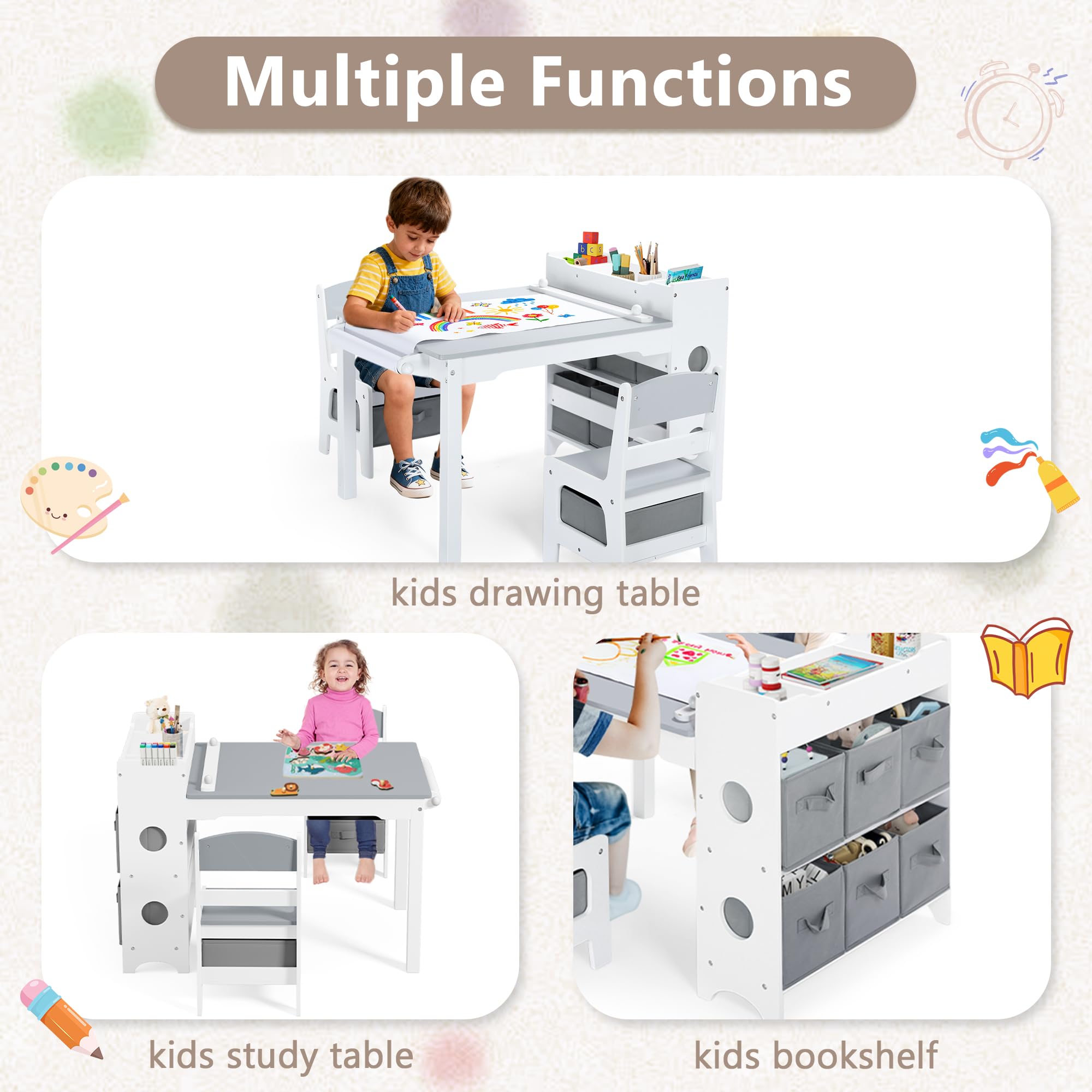 Kids Toddler Table and Chair Set with Storage Bins and Paper Roll
