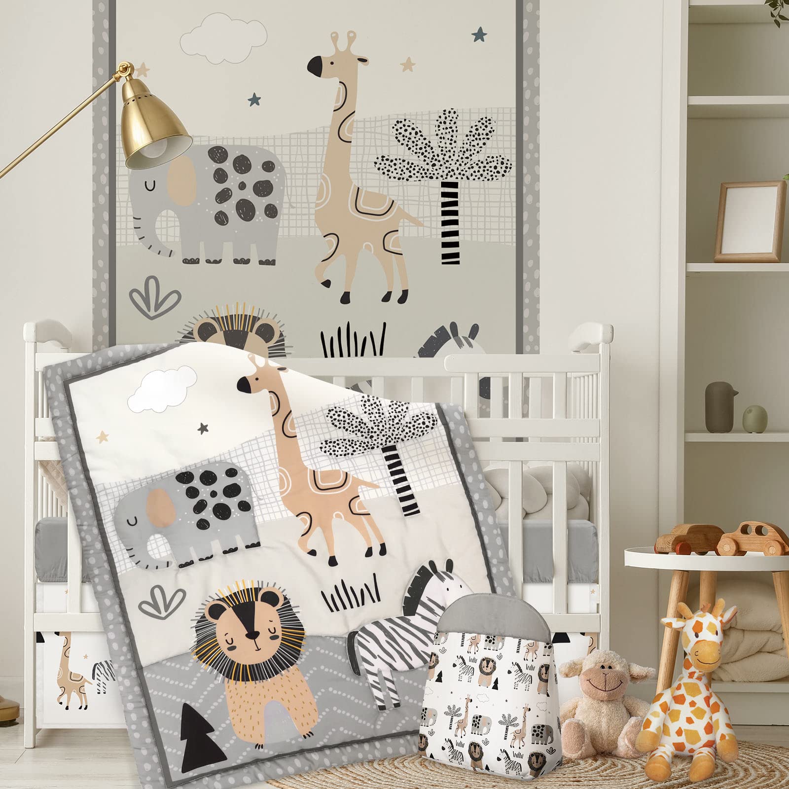 4-Piece Woodland Animal Crib Bedding Set with Blanket, Sheet, Skirt, and Diaper Stacker