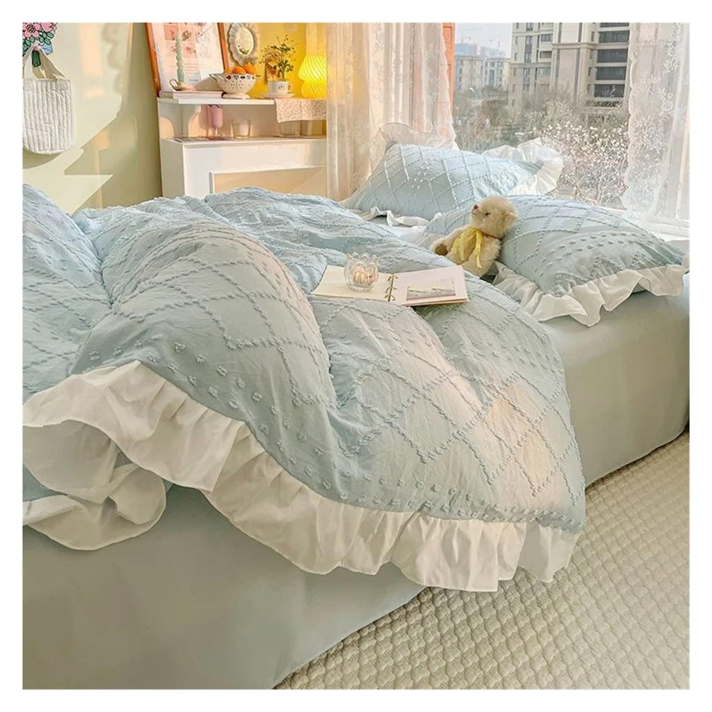 Blue Lace Bedding Set with Quilt Cover and Pillowcases