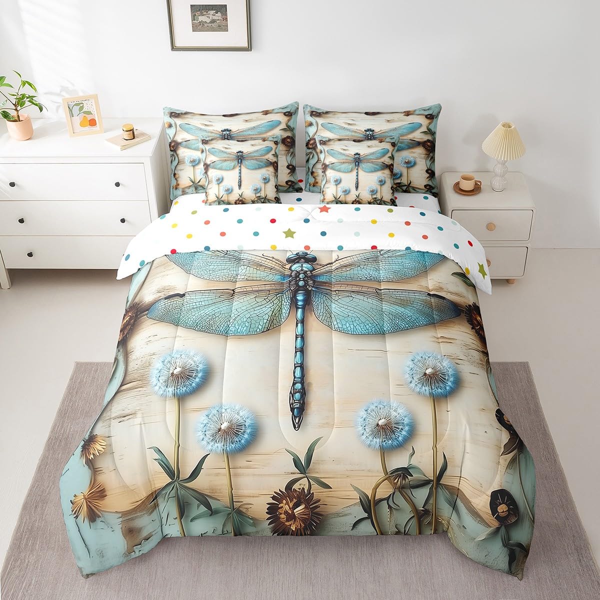 Butterfly and Dandelion Comforter Set with Floral Print Sheets