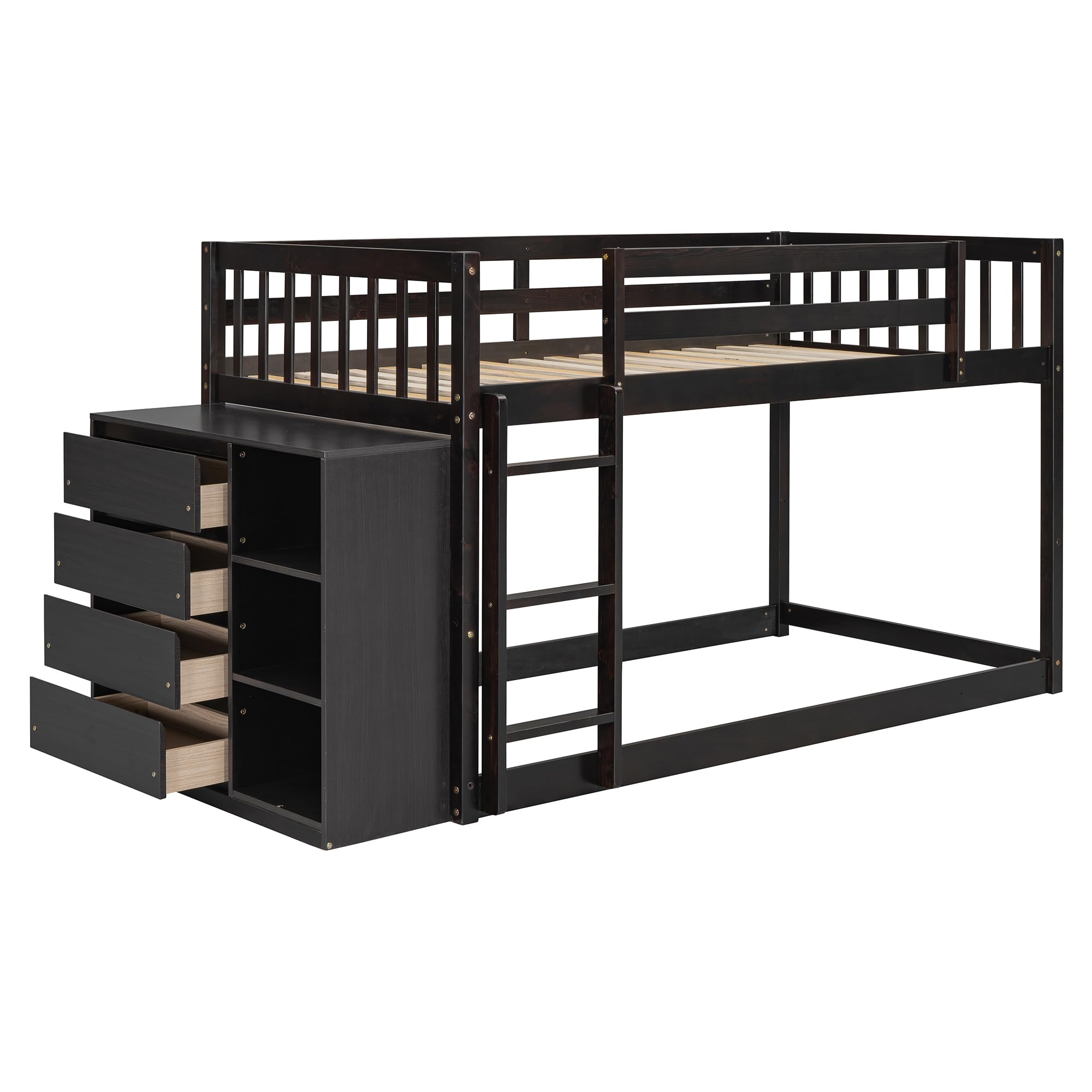 Twin Over Twin Bunk Bed with Drawers, Shelves and Ladder