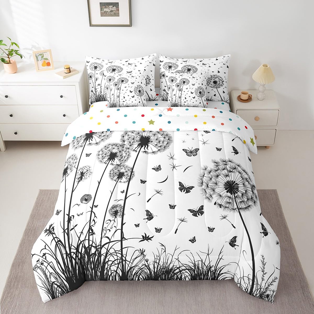 Butterfly and Dandelion Comforter Set with Floral Print Sheets