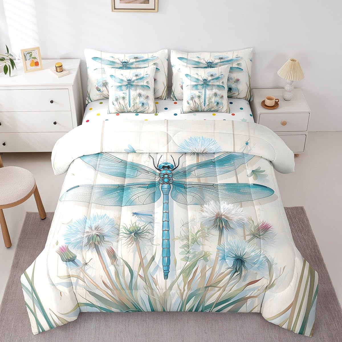 Butterfly and Dandelion Comforter Set with Floral Print Sheets
