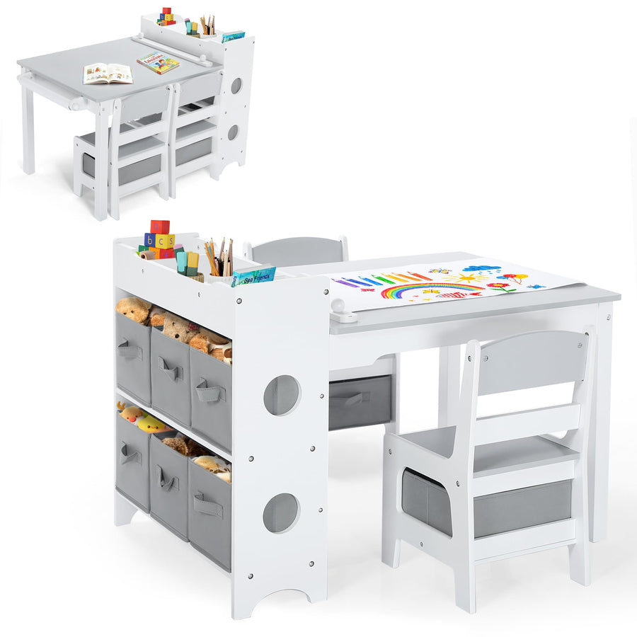 Kids Toddler Table and Chair Set with Storage Bins and Paper Roll