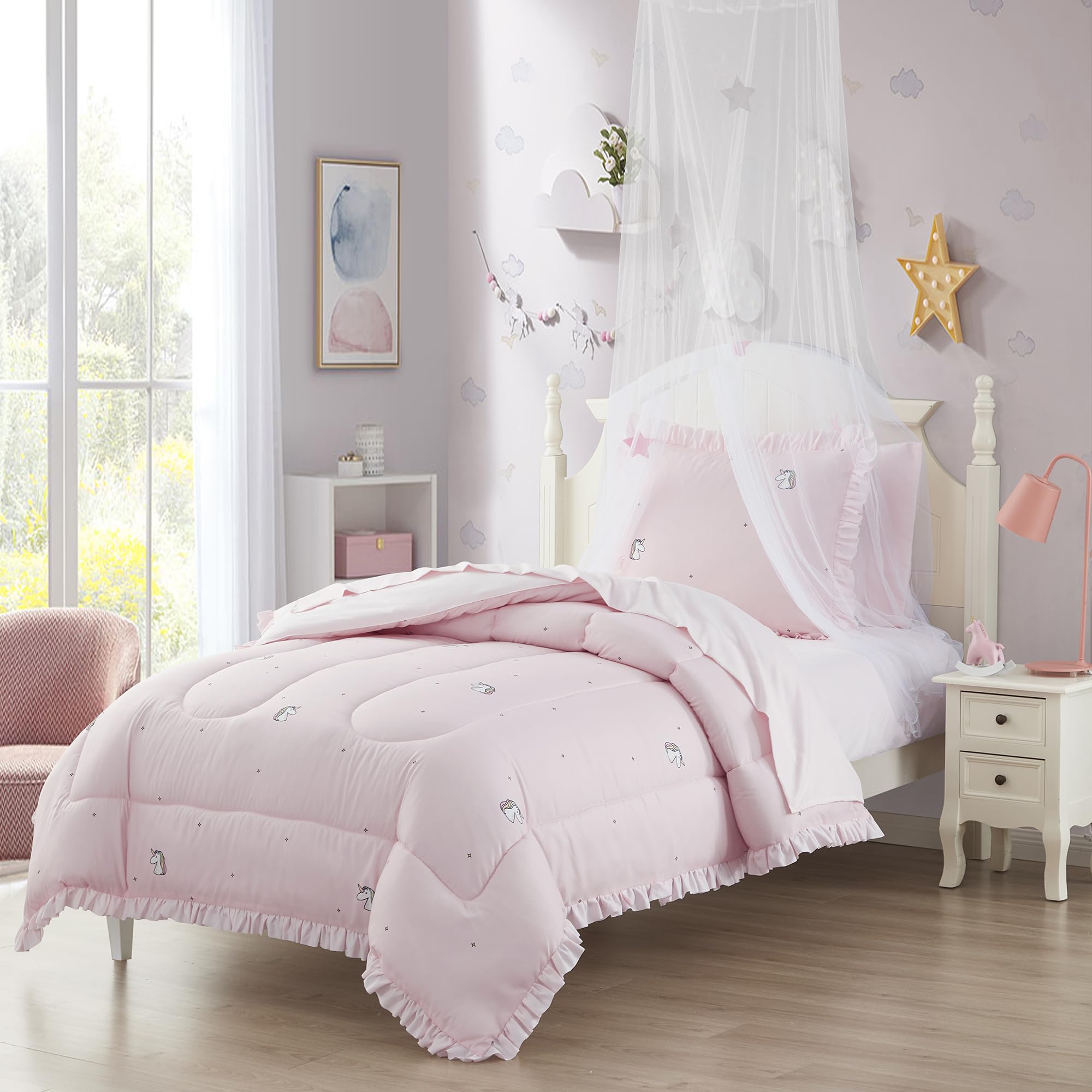 Kids Bedding Set with Printed Sheets and Comforter – Twin, Rainbow Unicorn