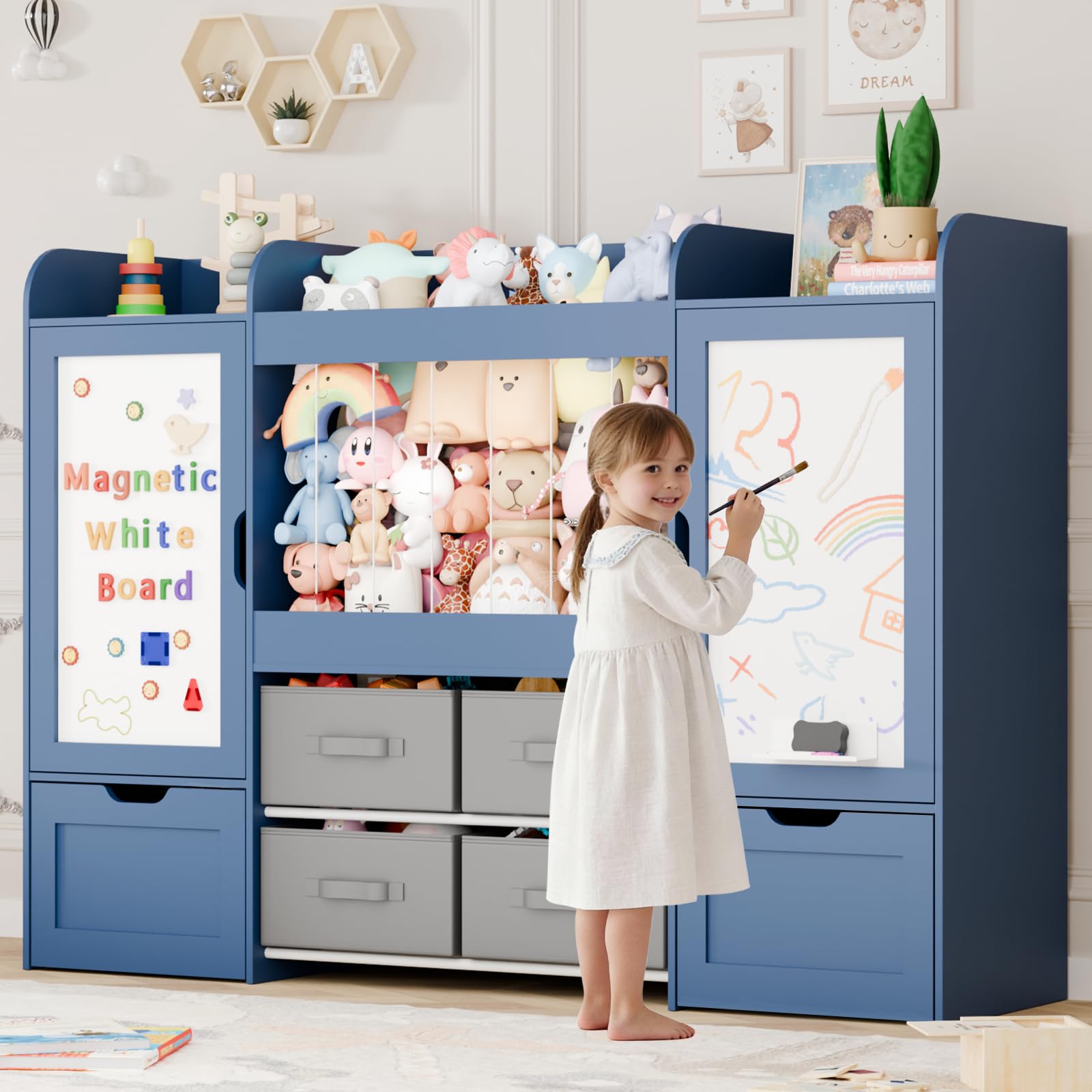 Montessori Kids Toy Storage Organizer with Bins, Toy Boxes, and Magnetic Board