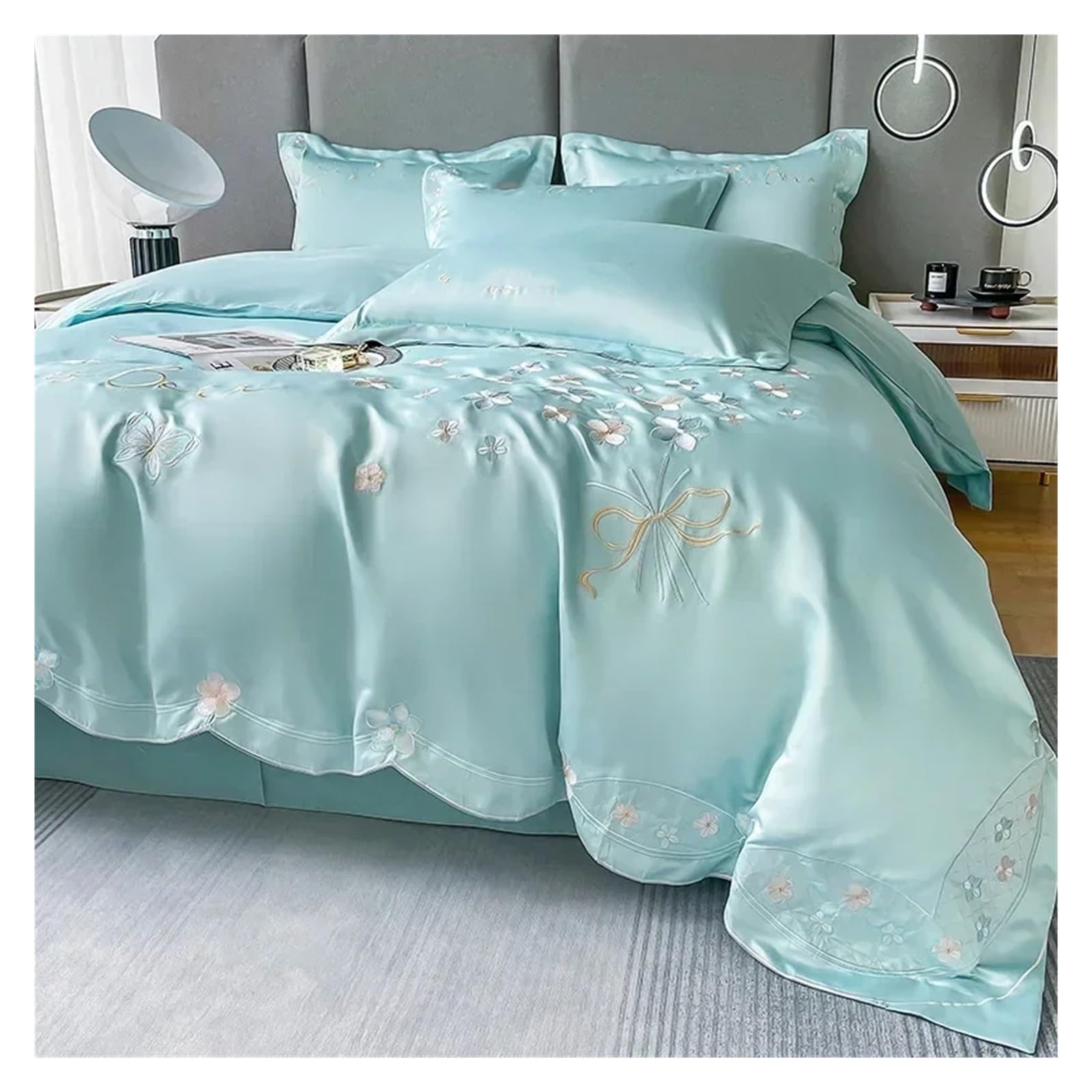 Girls Cotton Bedding Set with Heart and Butterfly Embroidery