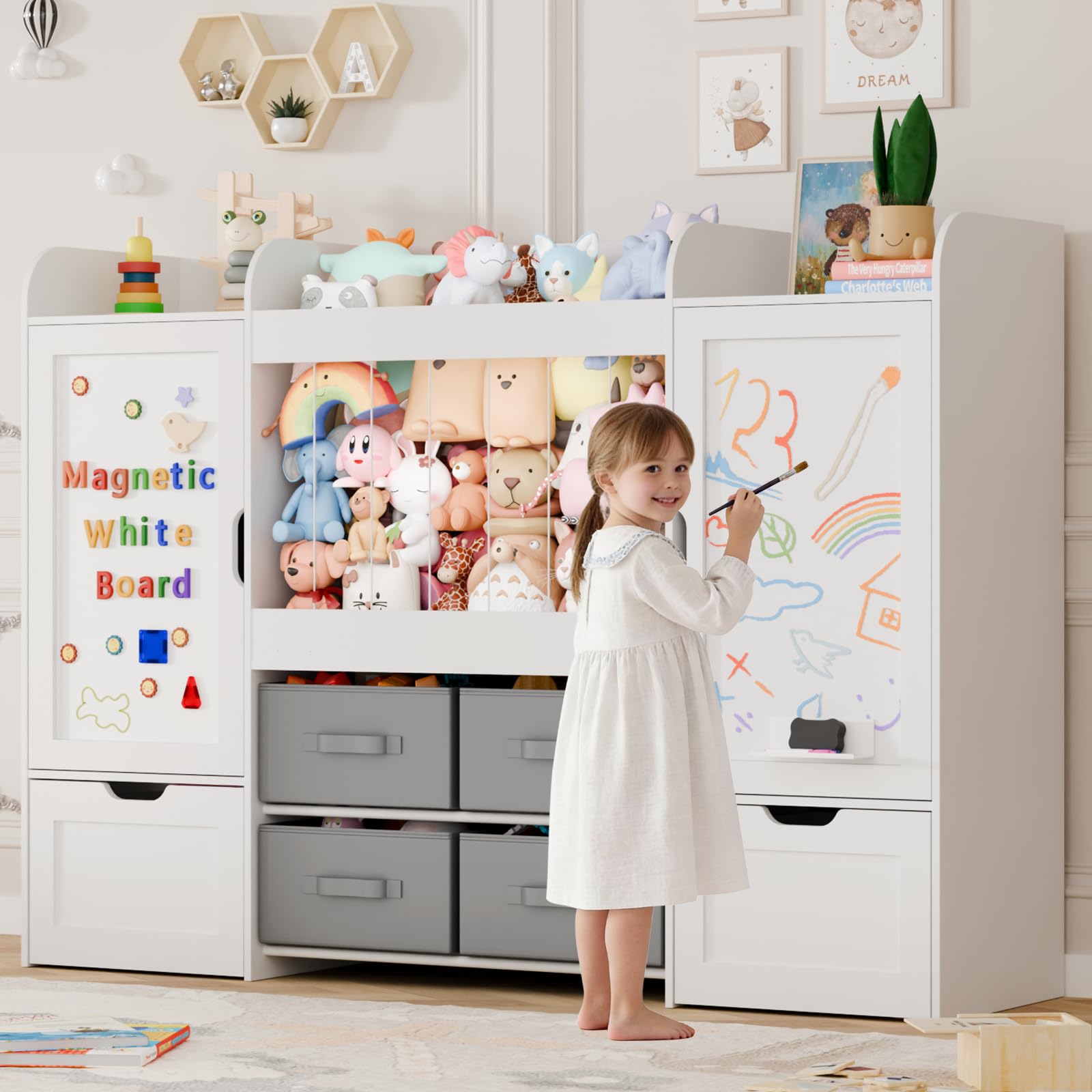Montessori Kids Toy Storage Organizer with Bins, Toy Boxes, and Magnetic Board