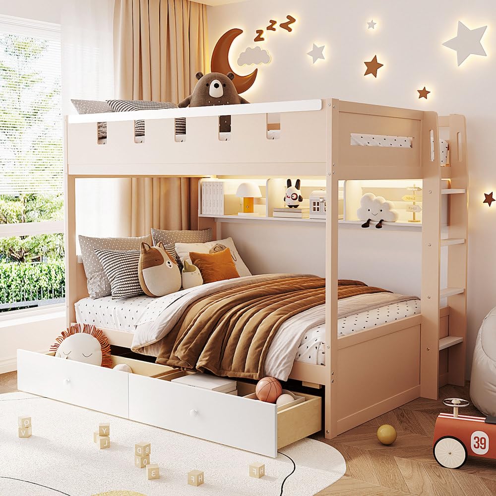 Twin Over Twin Bunk Bed with Storage Drawers, Castle Frame, LED Lights & Shelves