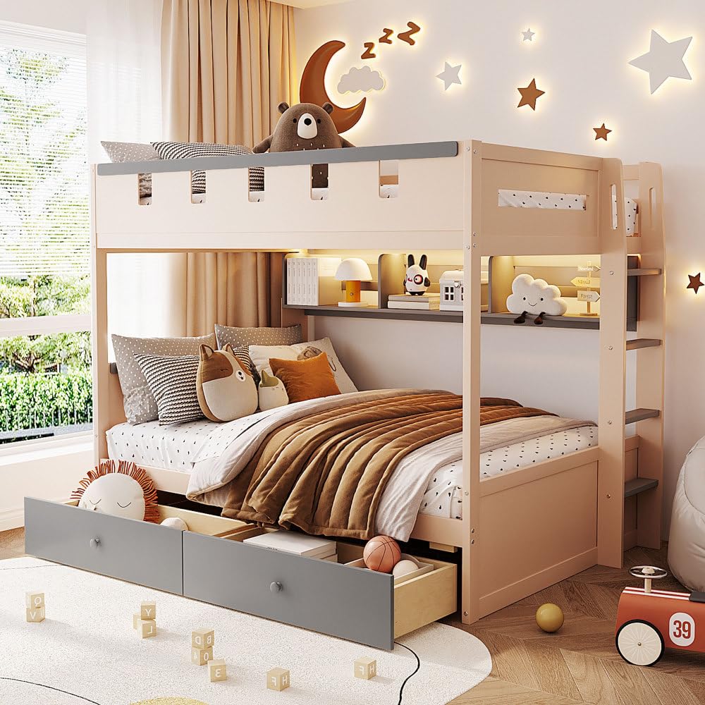 Twin Over Twin Bunk Bed with Storage Drawers, Castle Frame, LED Lights & Shelves