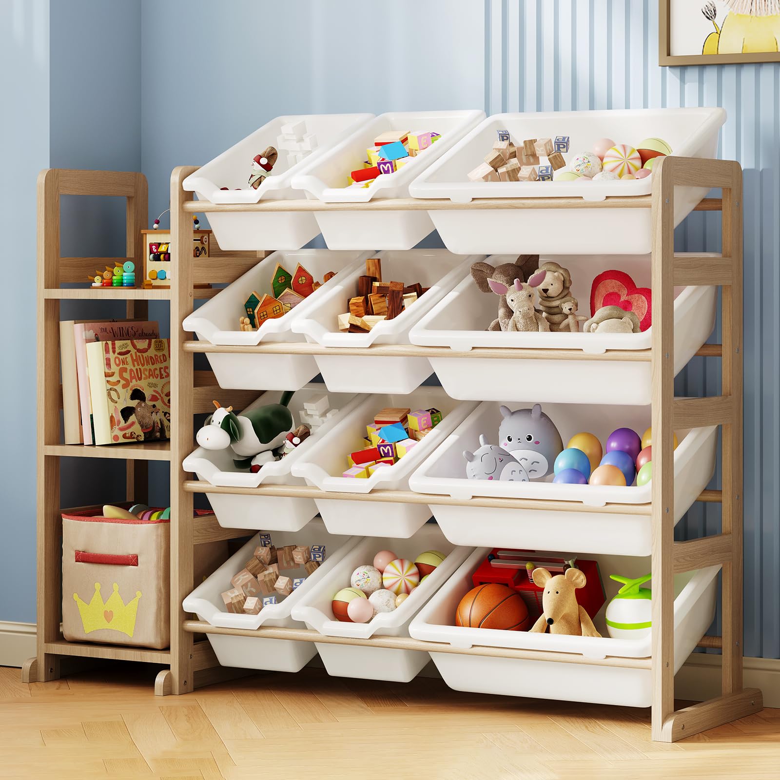 Toy Storage Shelf with 12 Bins and Bookshelf