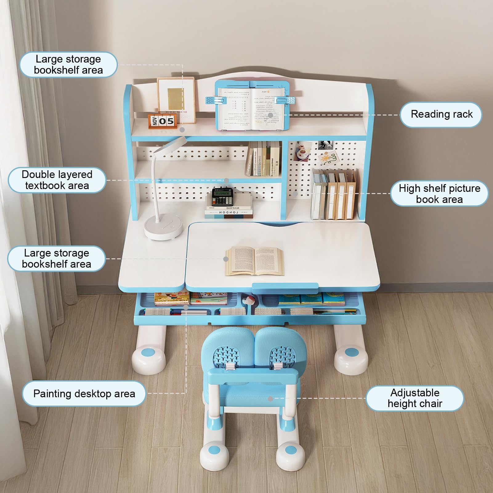 Height-Adjustable Kids Desk and Chair Set with Storage and Bookshelf
