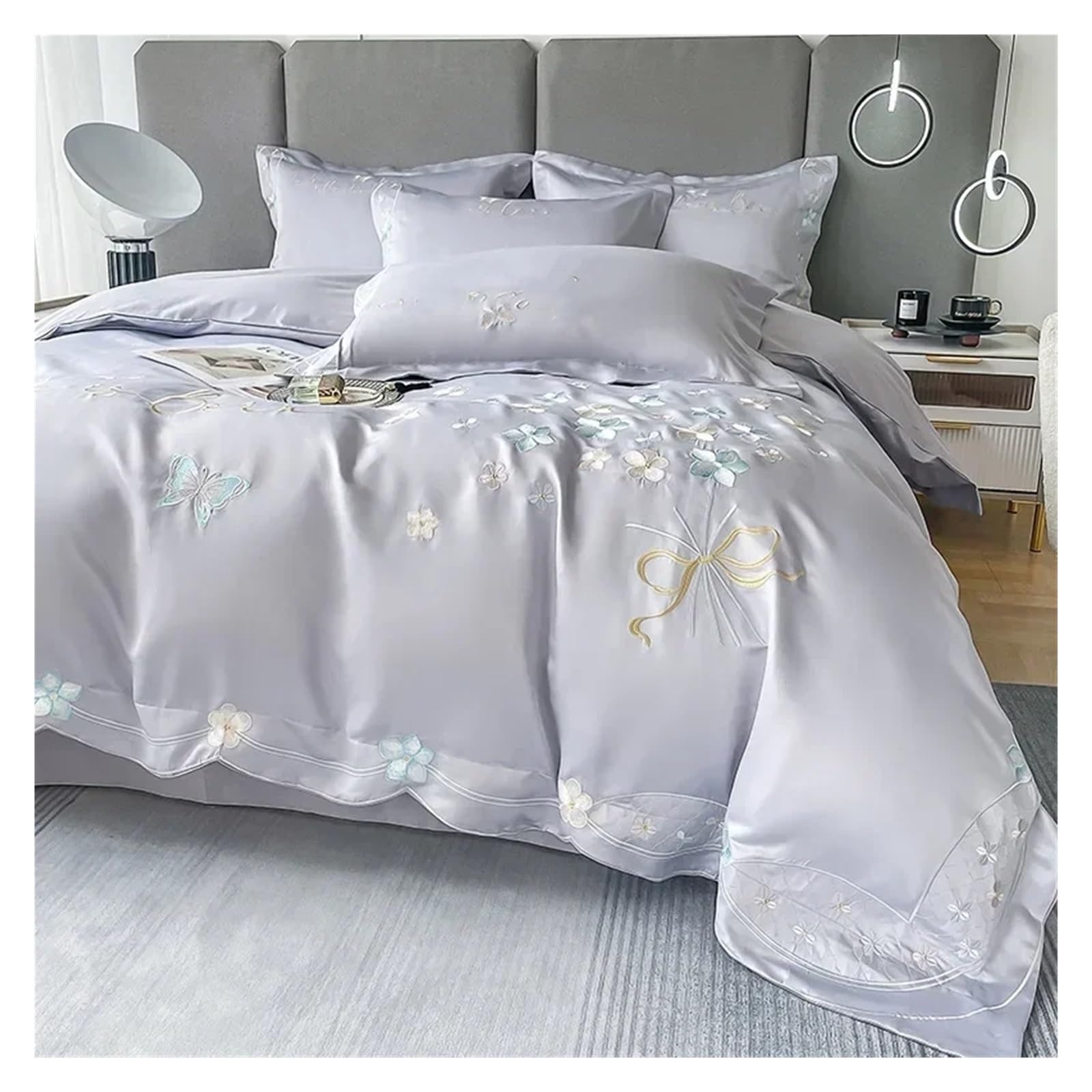 Girls Cotton Bedding Set with Heart and Butterfly Embroidery