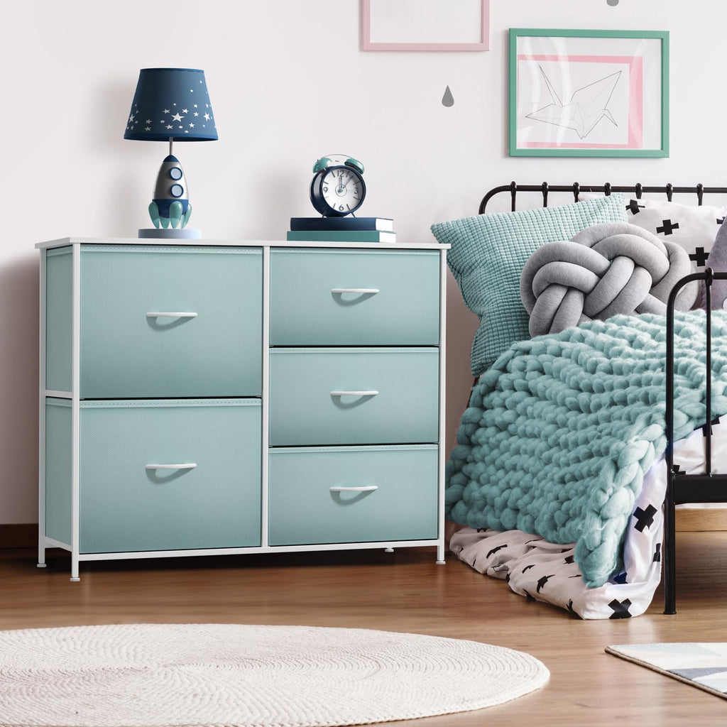 6-Drawer Storage Dresser with Wood Top and Fabric Bins