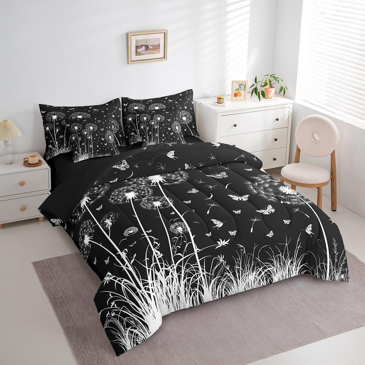Butterfly and Dandelion Comforter Set with Floral Print Sheets