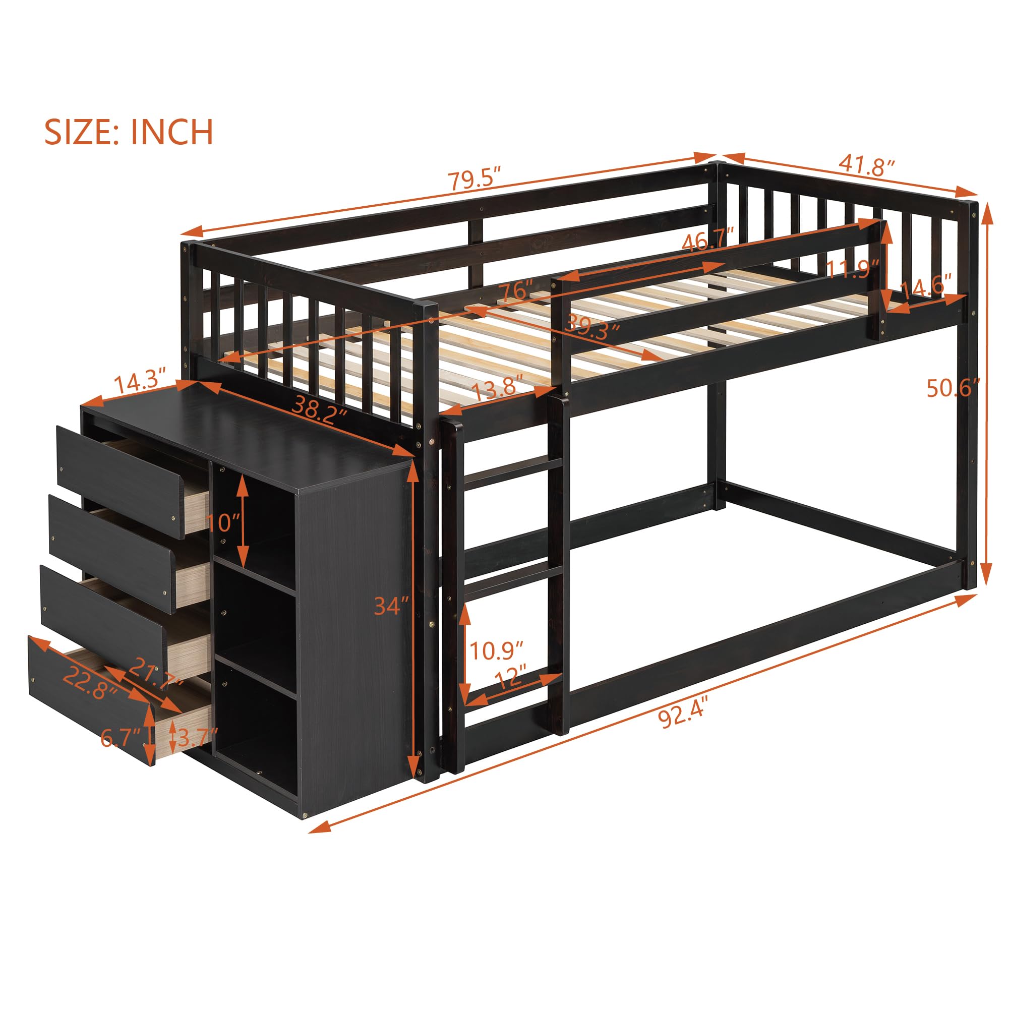 Twin Over Twin Bunk Bed with Drawers, Shelves and Ladder