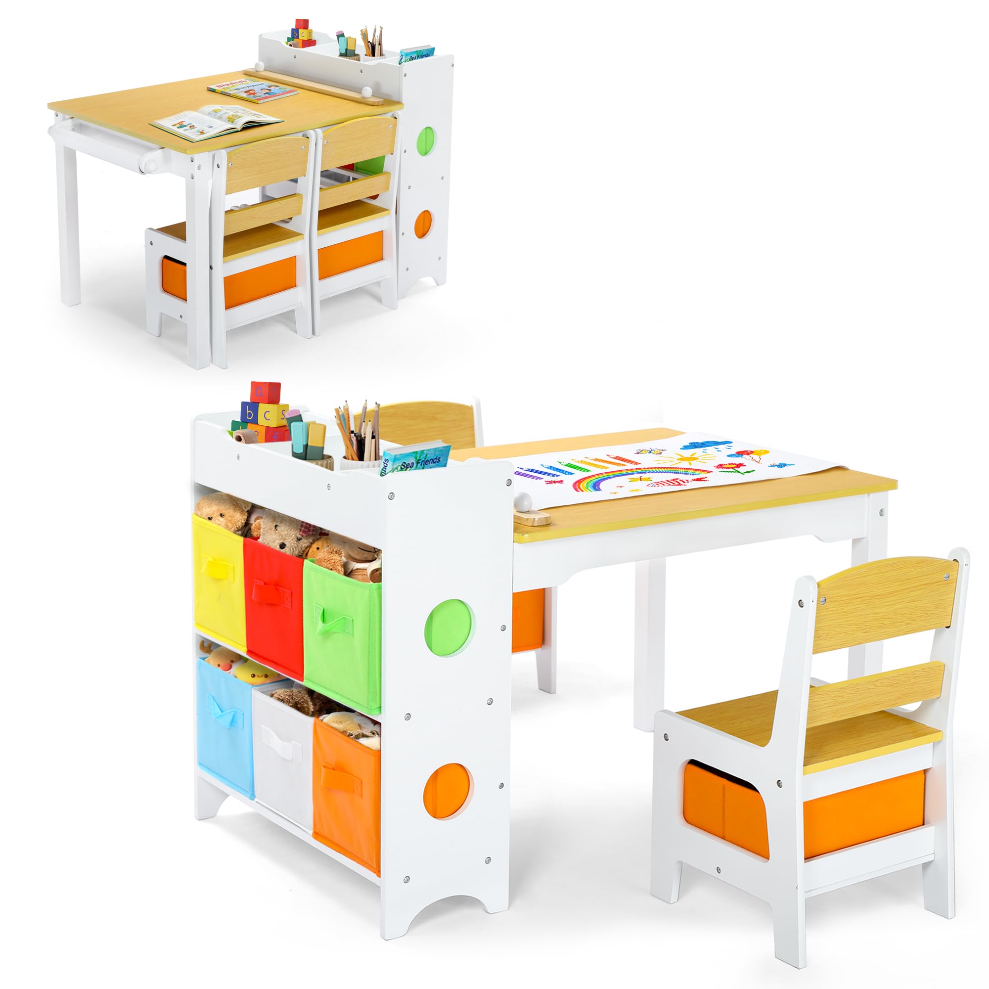 Kids Toddler Table and Chair Set with Storage Bins and Paper Roll
