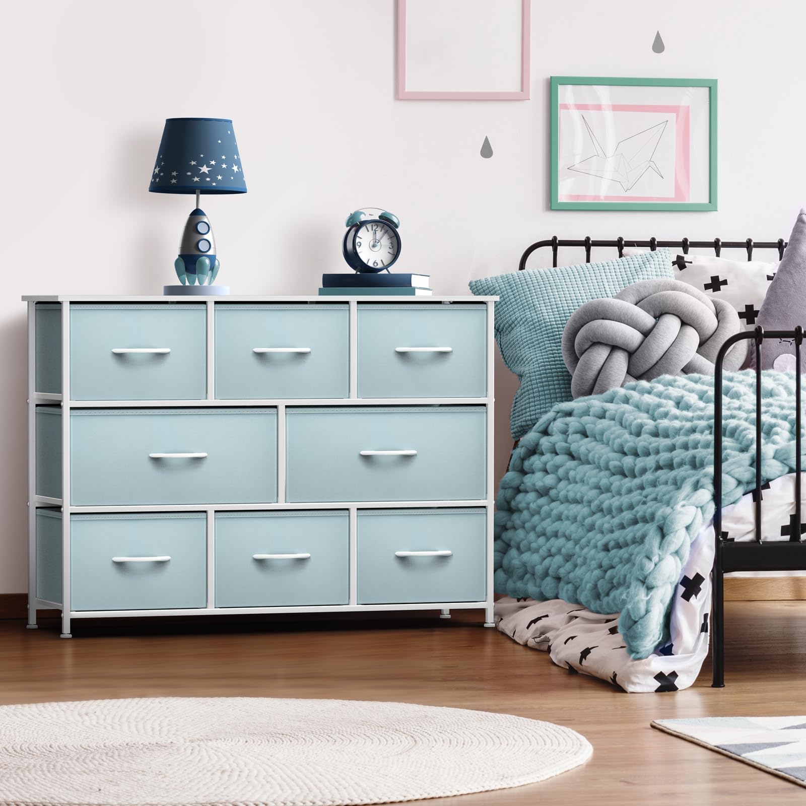 8-Drawer Storage Dresser with Wood Top and Fabric Bins
