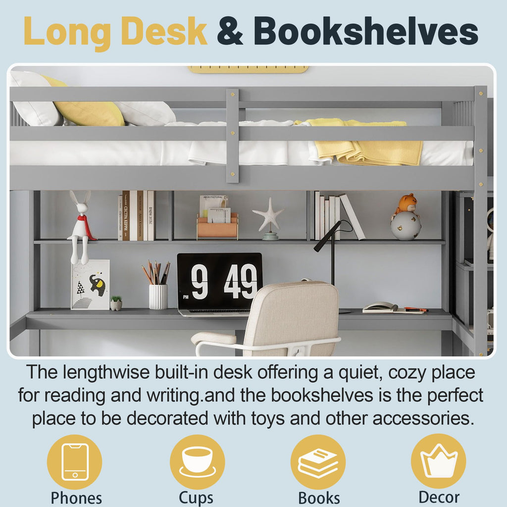 Full-Size Loft Bed with Desk, Shelves, and Storage Stairs