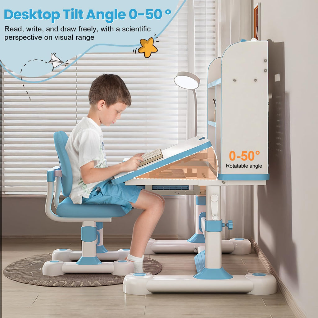 Height-Adjustable Kids Desk and Chair Set with Storage and Bookshelf