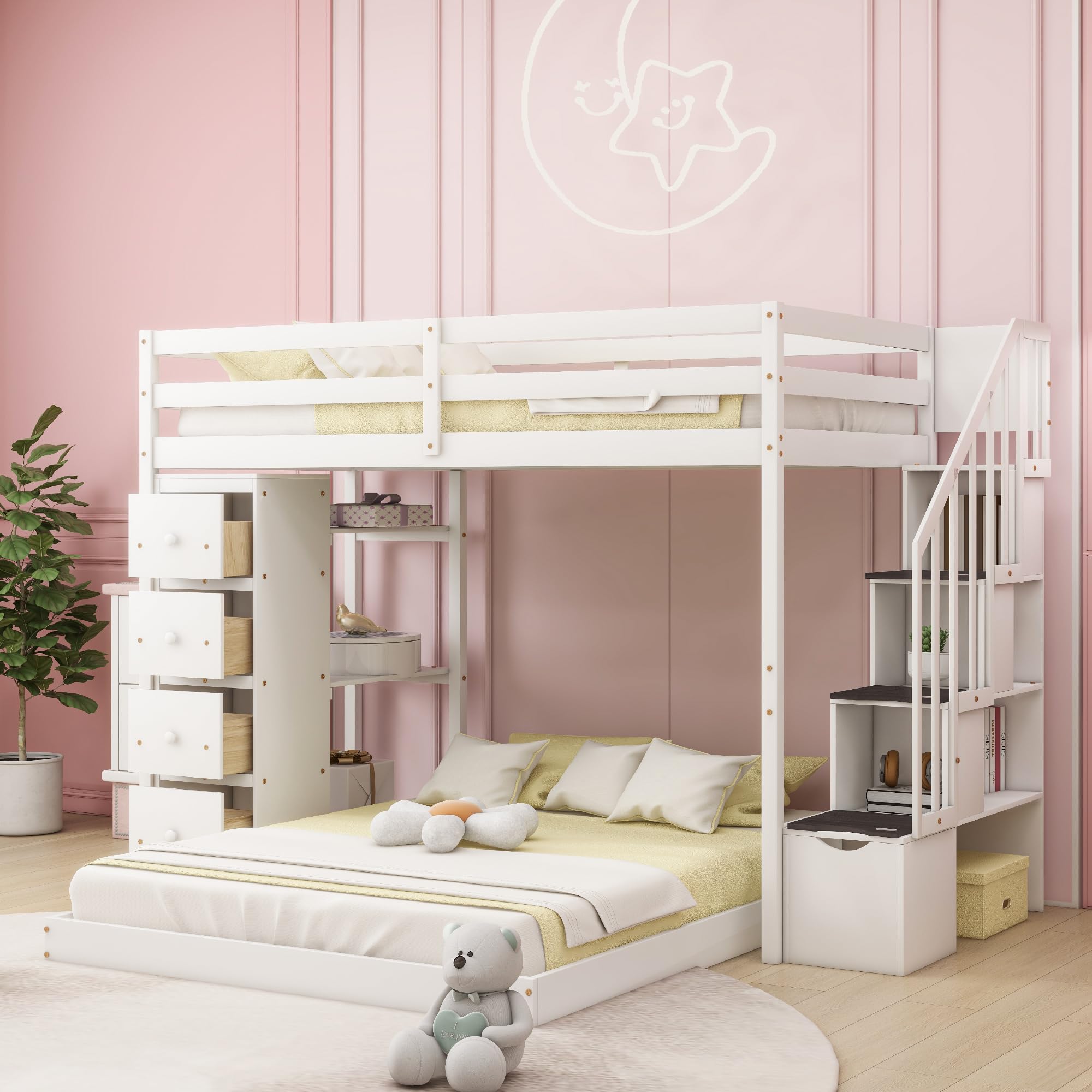 Twin Loft Bed with Storage Stairs and Solid Wood Frame