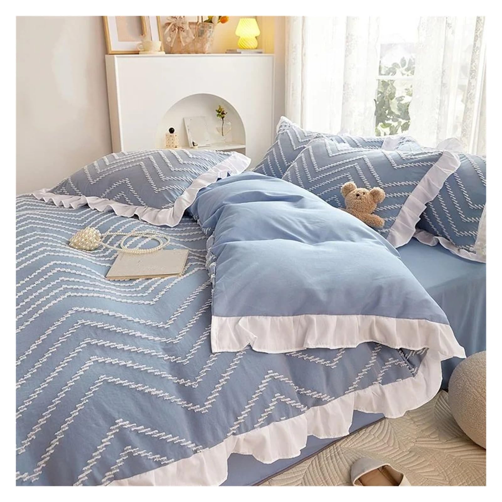 Blue Lace Bedding Set with Quilt Cover and Pillowcases