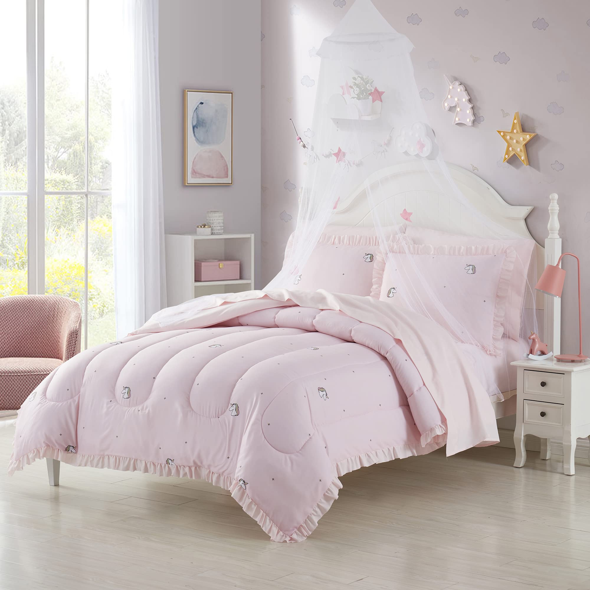 Kids Bedding Set with Printed Sheets and Comforter – Twin, Rainbow Unicorn