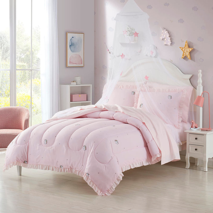 Kids Bedding Set with Printed Sheets and Comforter – Twin, Rainbow Unicorn