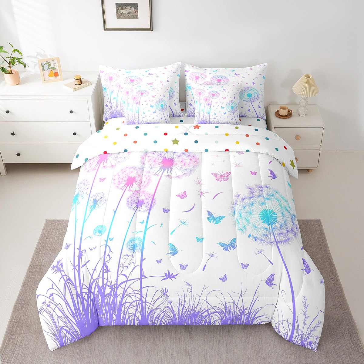 Butterfly and Dandelion Comforter Set with Floral Print Sheets