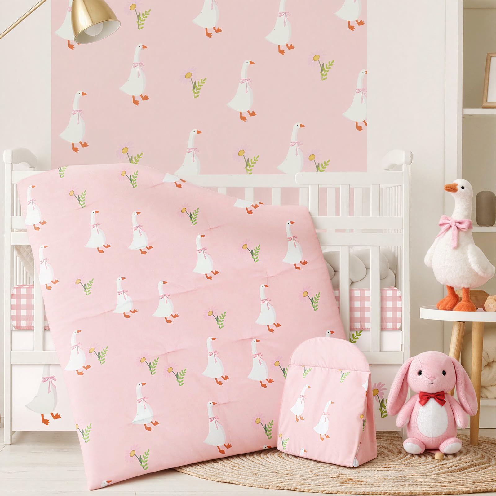 4-Piece Woodland Animal Crib Bedding Set with Blanket, Sheet, Skirt, and Diaper Stacker