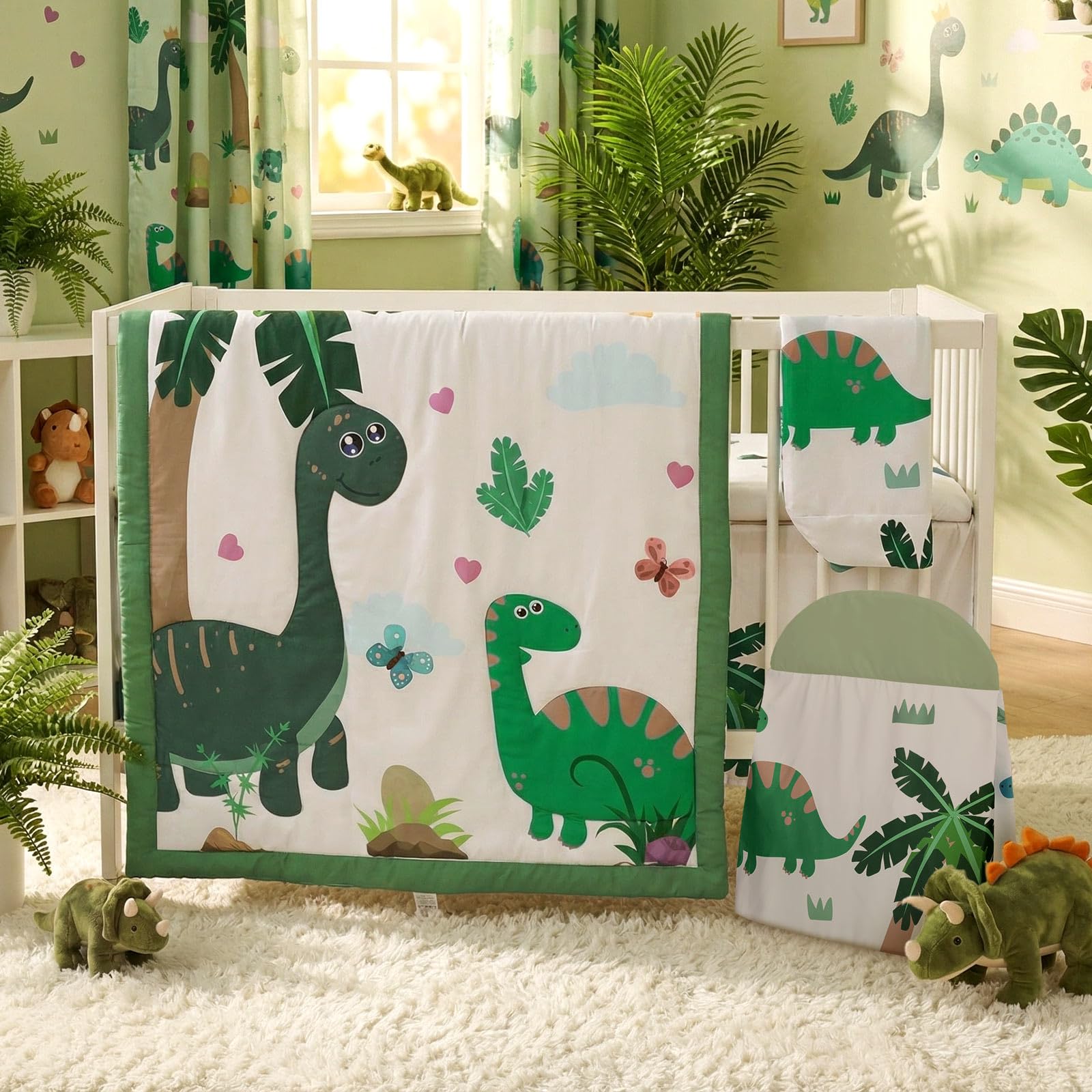 4-Piece Woodland Animal Crib Bedding Set with Blanket, Sheet, Skirt, and Diaper Stacker