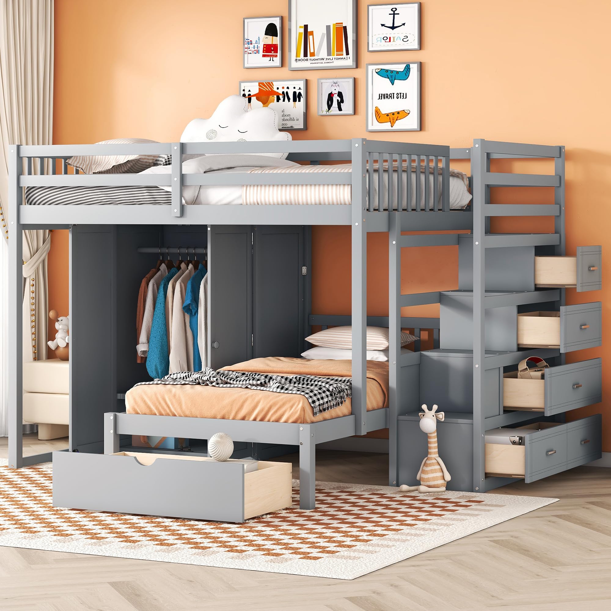 Twin Loft Bed with Storage Stairs and Solid Wood Frame