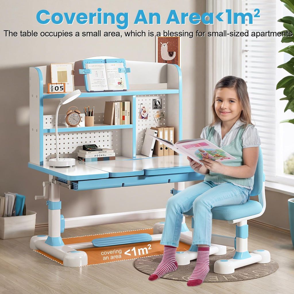 Height-Adjustable Kids Desk and Chair Set with Storage and Bookshelf